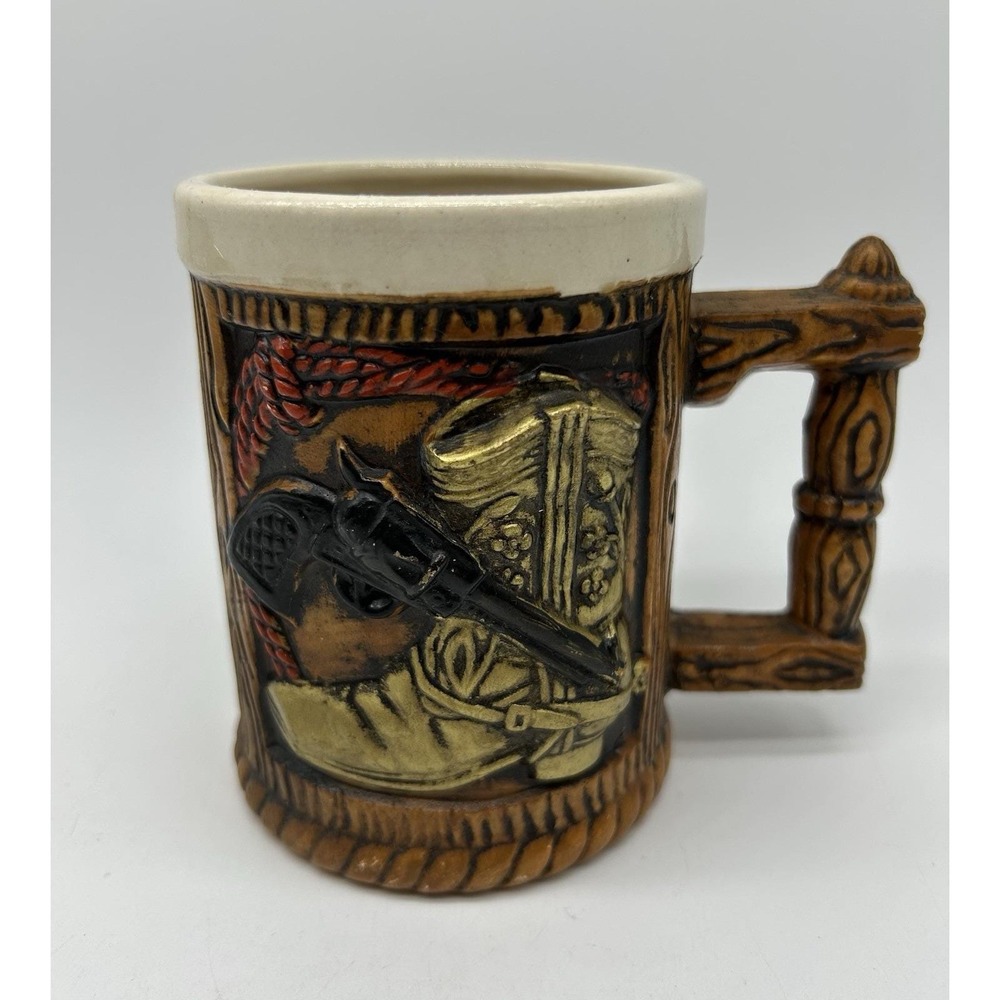 Vintage Western Cowboy Gift Mug Stein Cowboy Boots Gun Wood Grain Ceramic Japan